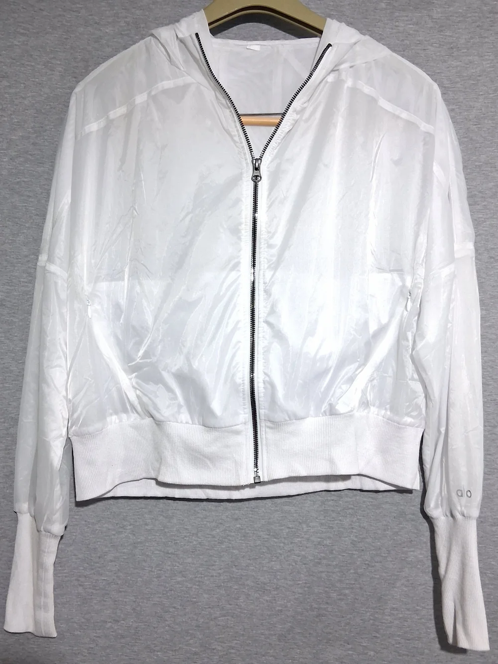 Alo White Hooded Bomber Jacket with Black Contrast Zip